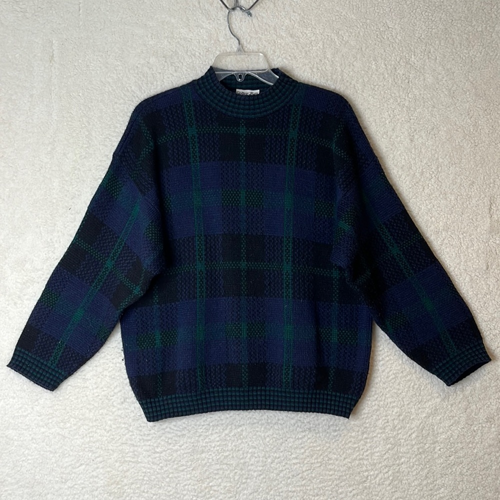 Vintage Colter Bay USA Mens Plaid Sweater Green/Blue LARGE
